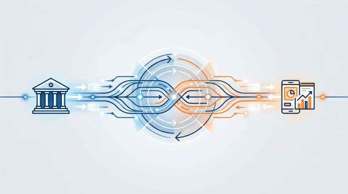 Conceptual illustration of open banking, showing data flow from a bank to smartphones. The Ultimate Guide to Open Banking and Its Impact on Your Finances.