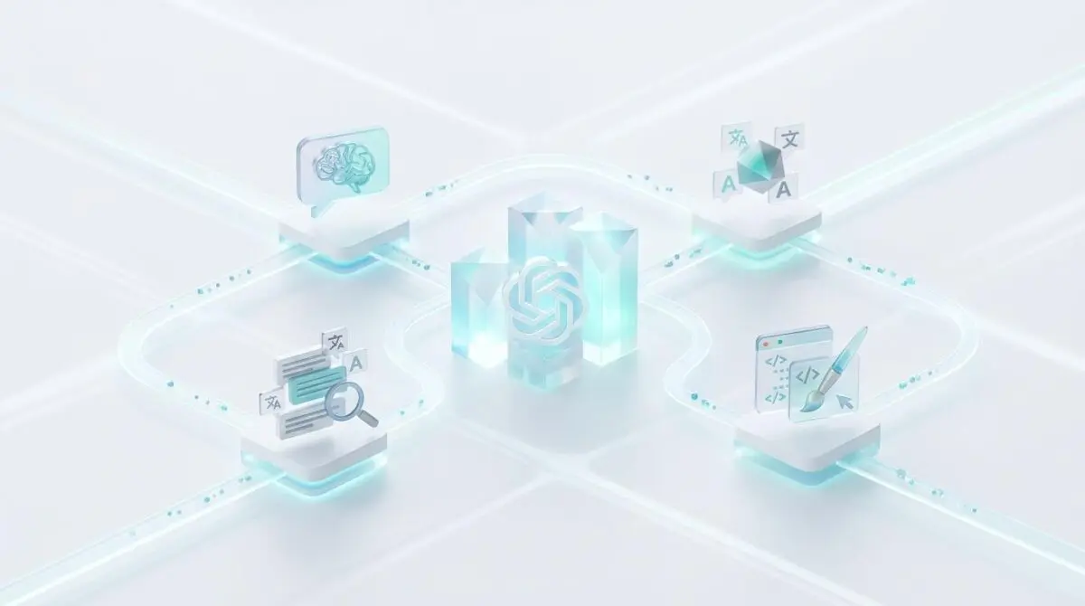 Conceptual illustration of the OpenAI corporate ecosystem, showing interconnected nodes for AI, language, and development.
