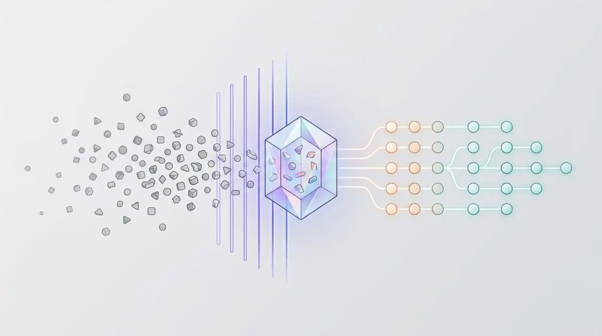Abstract illustration of unstructured data being processed through a crystal core for Claude and Anthropic's information retrieval.