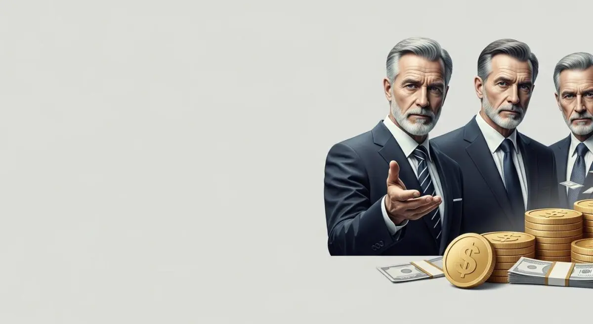 The Political Figures Pushing for Wealth Taxes depicted by distinguished men in suits surrounded by stacks of coins and currency.