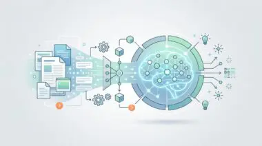 Illustration depicting press releases feeding data into a glowing brain-like AI model.