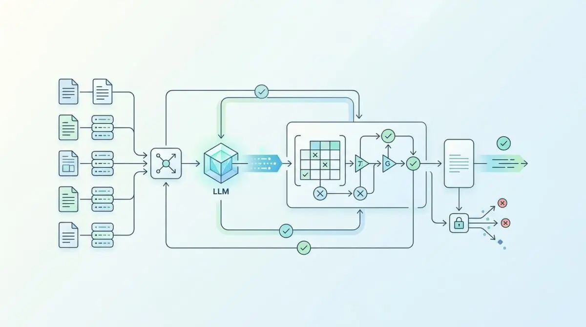 Diagram illustrating data flow in an RAG pipeline, focusing on LLM input and output validation to prevent AI hallucinations.