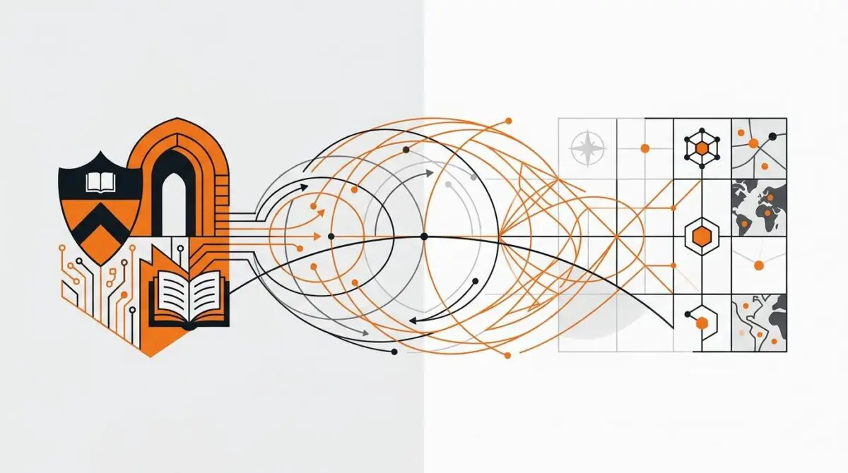 Princeton University study on GEO: Illustration showing university emblem, network diagrams, and world maps.
