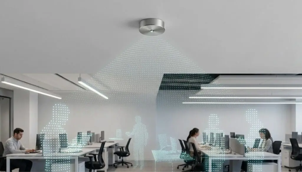 A ceiling-mounted Lidar sensor projects a privacy-focused 3D point-cloud to monitor office occupancy without cameras.