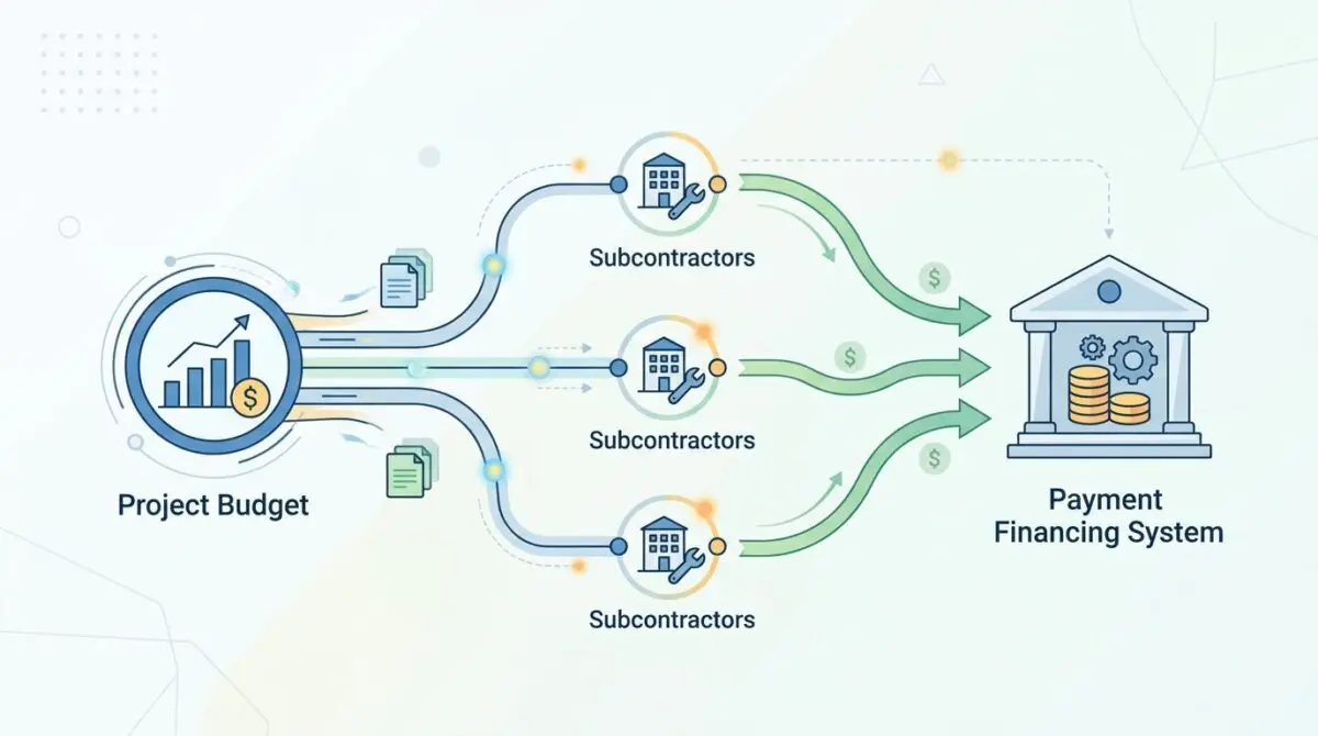 Diagram illustrating project budget allocation to subcontractors and the payment financing system.