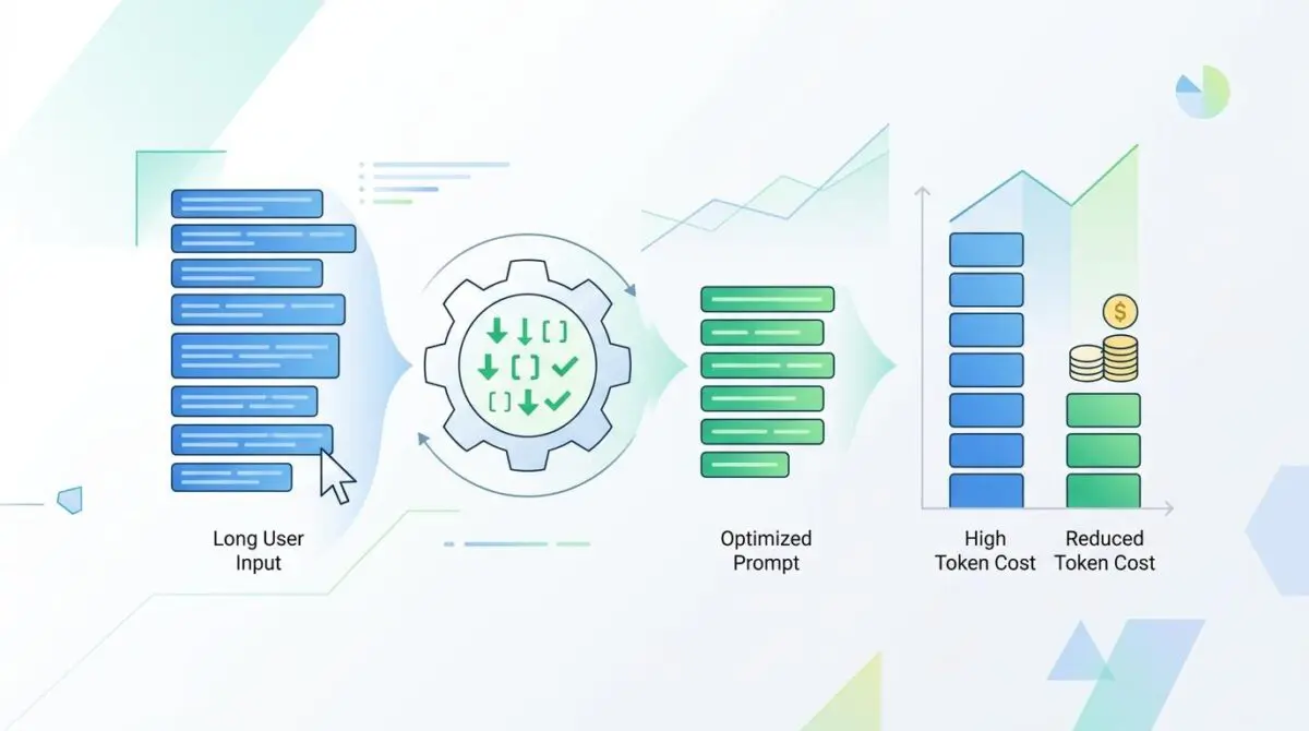 Illustrating strategies for optimizing prompt length to reduce API token costs by transforming long inputs.