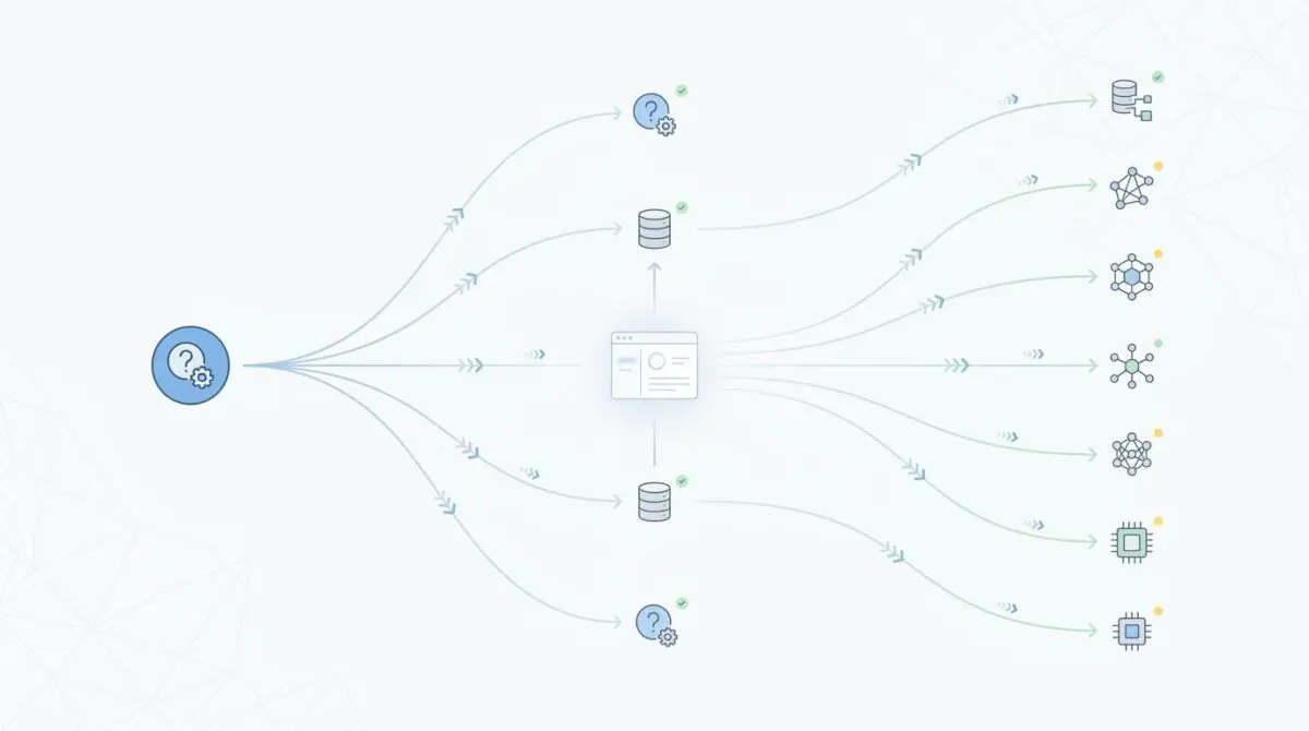 Diagram illustrating Query Fan-Out, showing a central processing unit branching into multiple AI models and databases. By Andres SEO Expert.