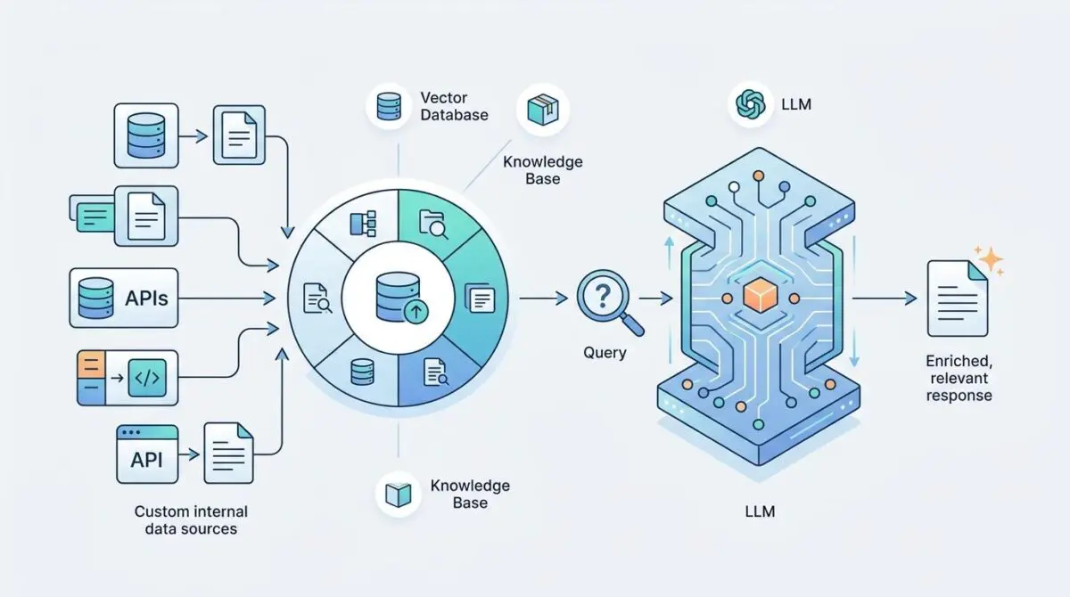 Diagram illustrating how to integrate custom data into an LLM using RAG architecture with APIs and vector databases.