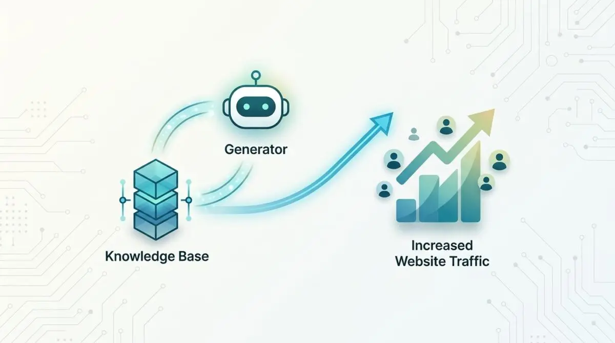 Conceptual diagram showing a Knowledge Base feeding a Generator, leading to increased website traffic with growth charts.