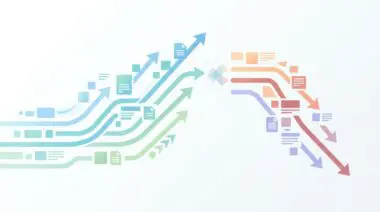 Arrows with document icons showing growth then decline, illustrating the Rank and Tank pattern of scaled AI content.