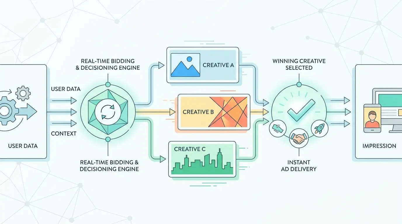 Diagram showing real-time generation of AI image assets for ad campaigns based on live weather data.