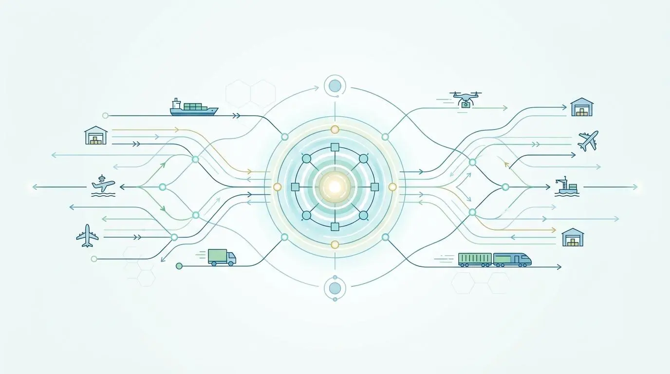 Abstract network showing real-time automated monitoring of cash levels, triggering armored transport dispatch routes.
