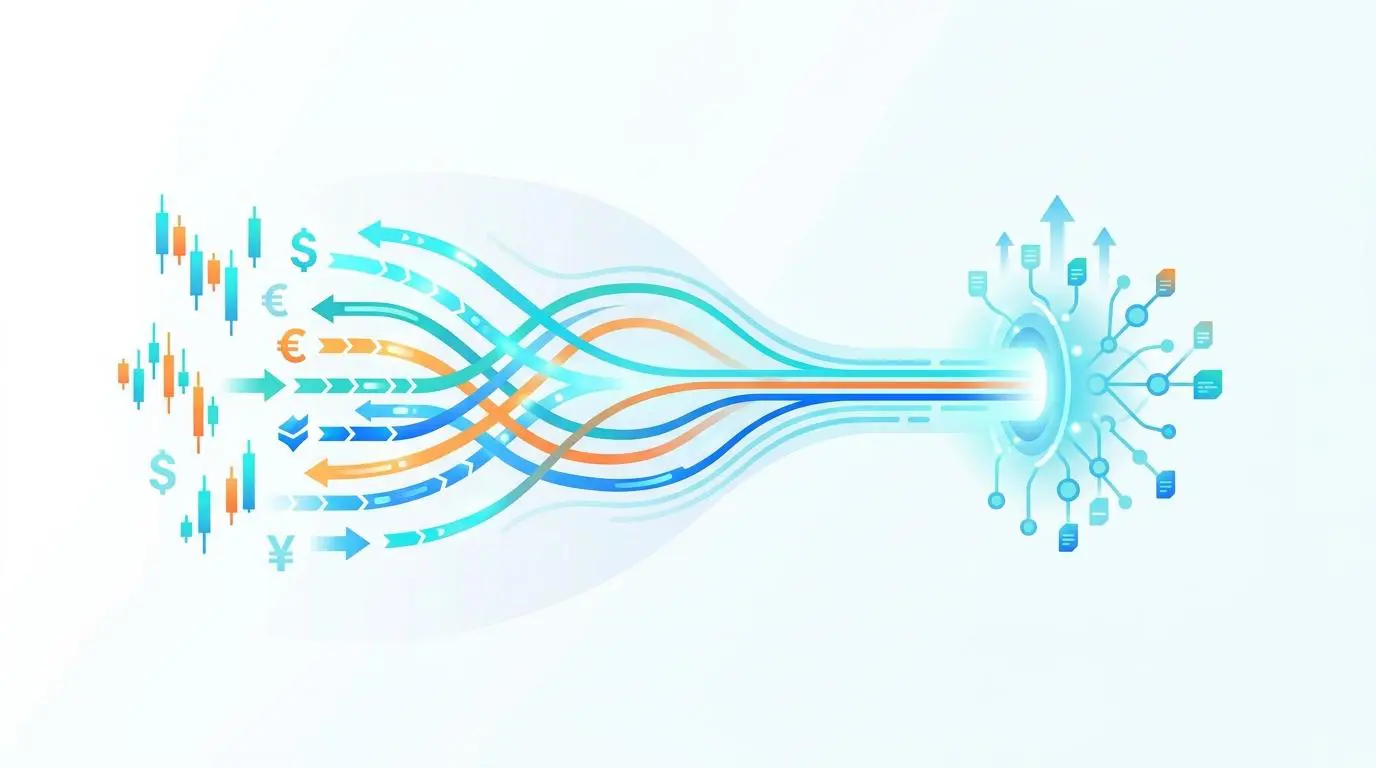 Candlestick charts and currency symbols feeding into a digital network for real-time collateral valuation updates.