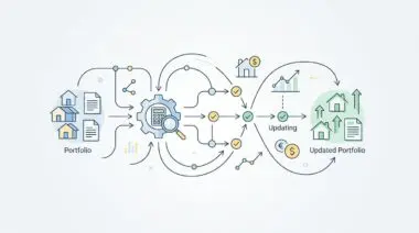 Process flow for real-time automated collateral valuation updates for mortgage portfolios using live data.