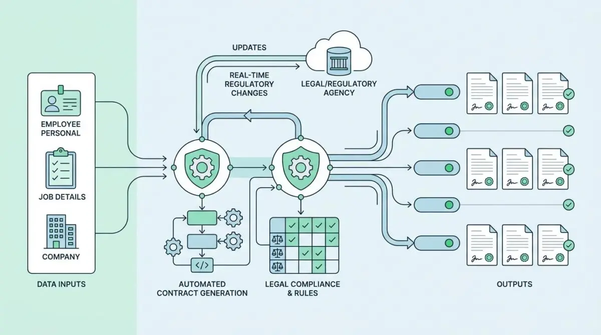 Automated contract generation with dynamic templates and live regulatory compliance APIs ensures localized employment contracts.