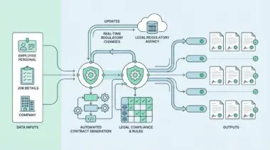 Automated contract generation with dynamic templates and live regulatory compliance APIs ensures localized employment contracts.