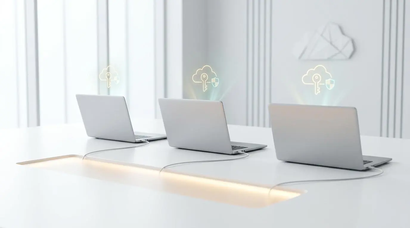 Laptops illustrating real-time automated mass onboarding workflows for global enterprise software licensing.