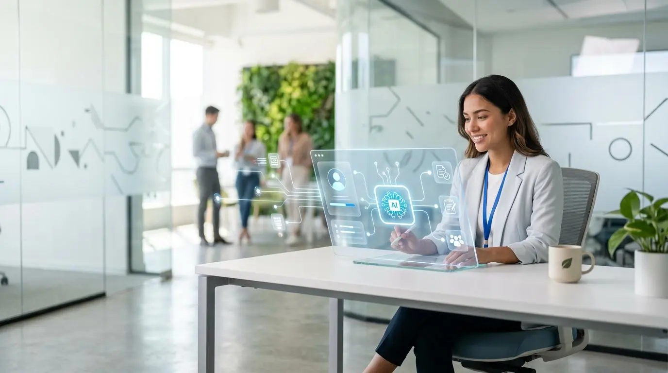 Woman interacting with AI hologram for automated onboarding of thousands globally.