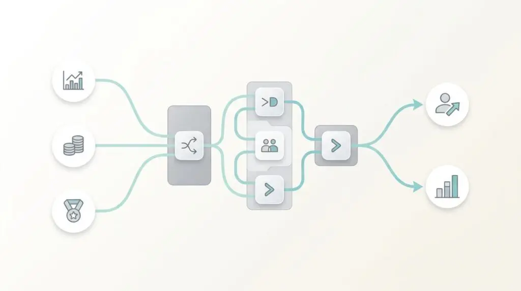 Automated calculation of complex sales commission for reps, visualized with flow diagrams.