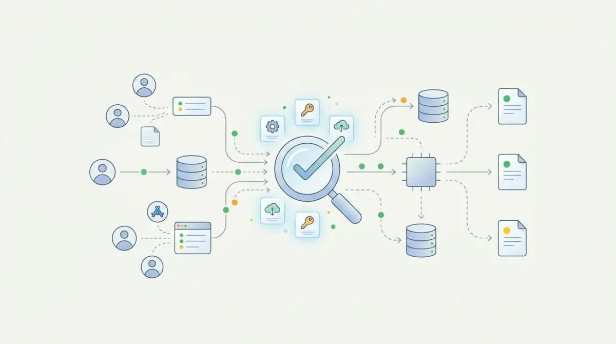 Diagram showing automated auditing of software licenses with a magnifying glass checking usage for optimization. By Andres SEO Expert.