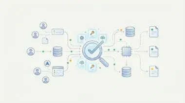 Diagram showing automated auditing of software licenses with a magnifying glass checking usage for optimization. By Andres SEO Expert.