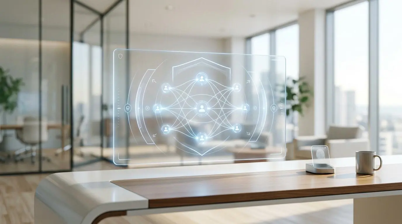 Holographic interface showing networked users, representing real-time automated auditing of software license usage.