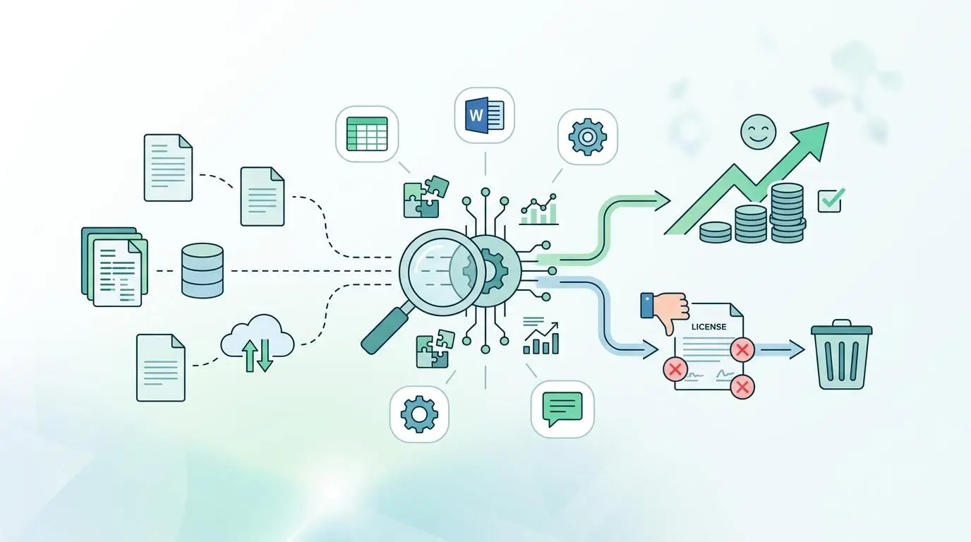 Diagram illustrating real-time automated software license audit to reclaim inactive seats and optimize SaaS spend.