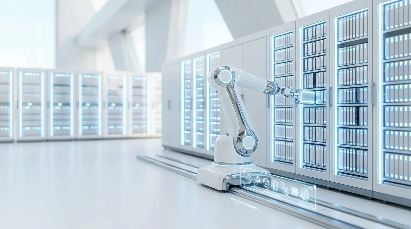 Robotic arm interacts with server racks, illustrating real-time dynamic allocation of cloud storage tiers.