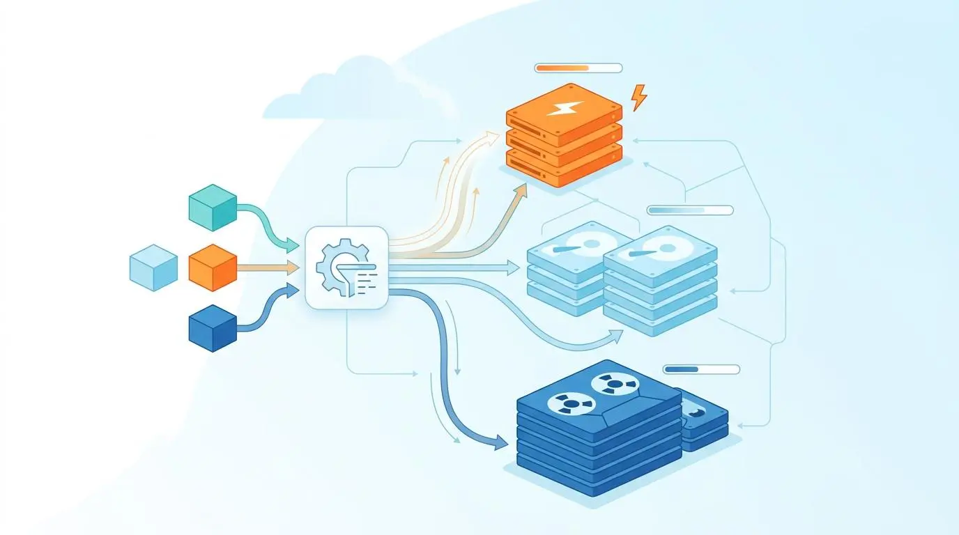 Data blocks flow to a central processor, enabling real-time dynamic allocation of cloud storage tiers.