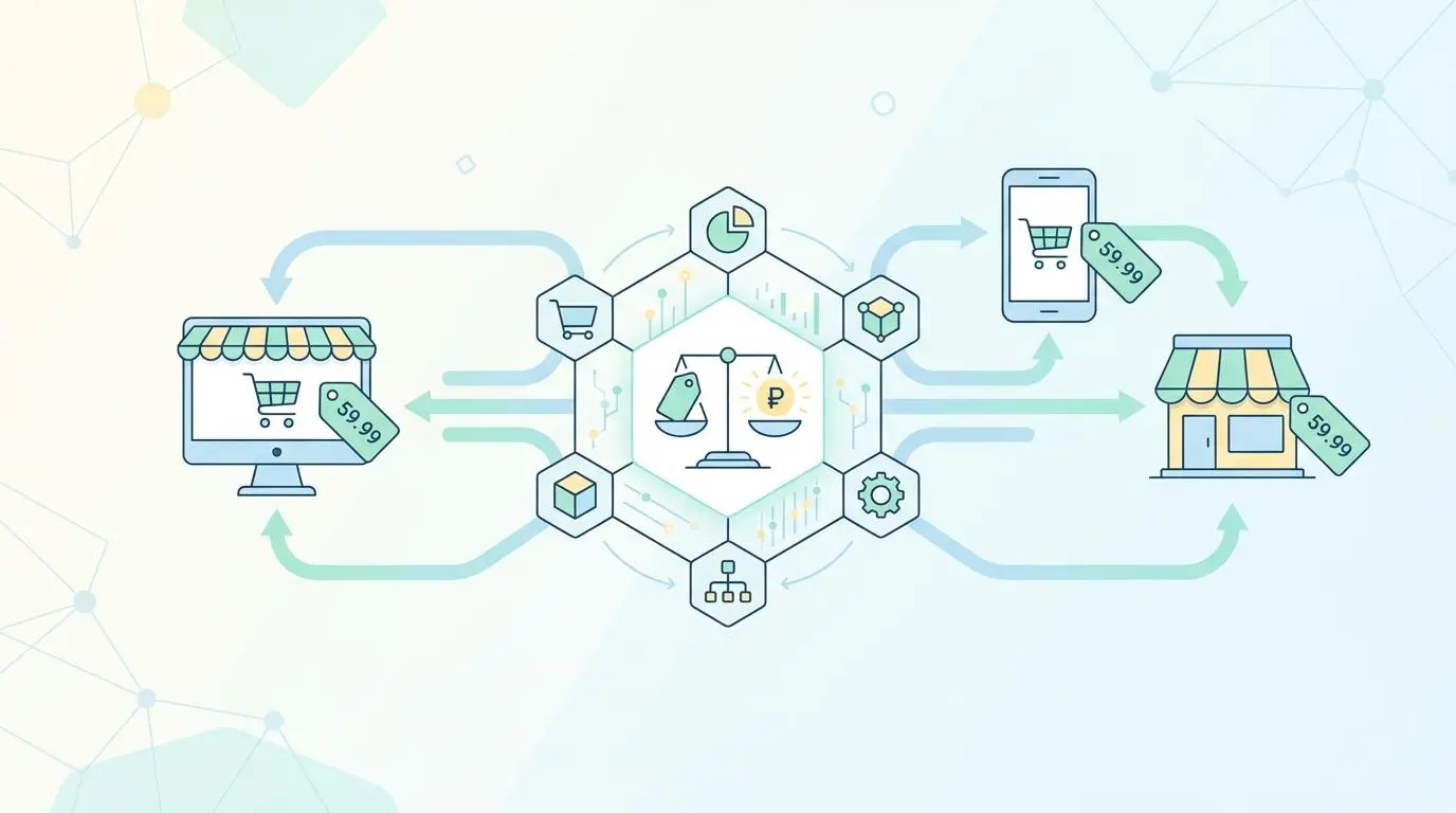 Illustration of real-time syncing of regional pricing adjustments to digital menus and e-commerce.