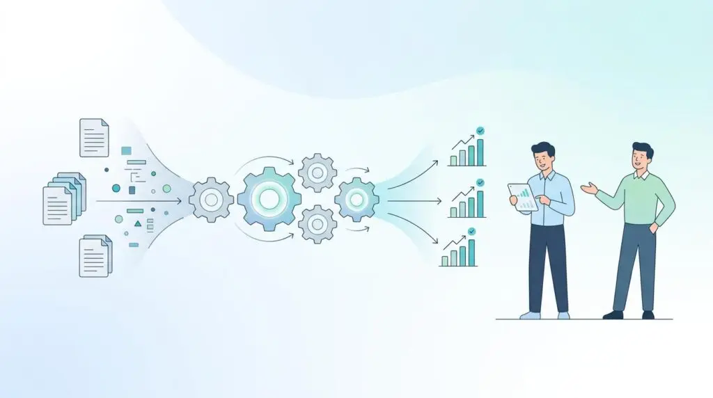 Automated sales commission calculation: gears processing data for reps and live CRM deal closures.