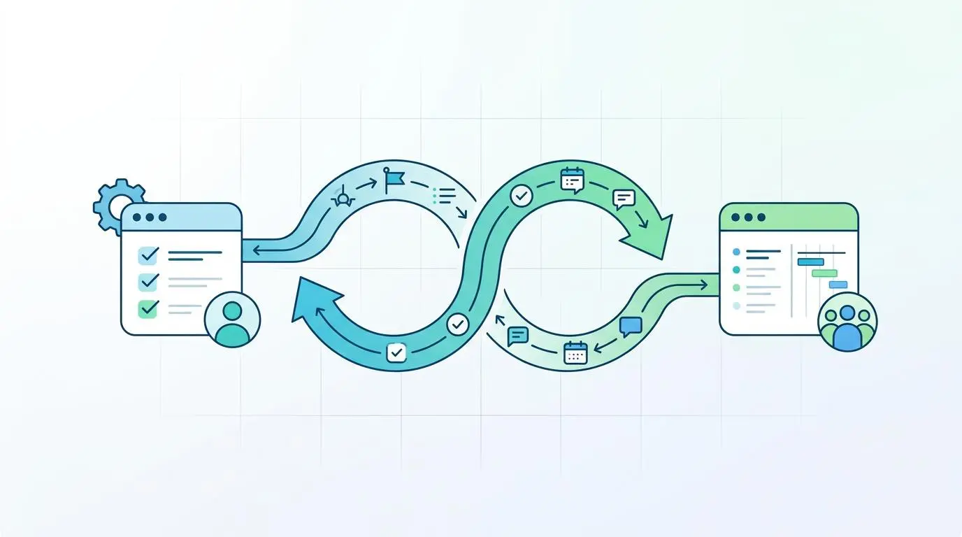 Diagram showing real-time synchronization of cross-platform project milestones between Jira, Trello, and ClickUp.