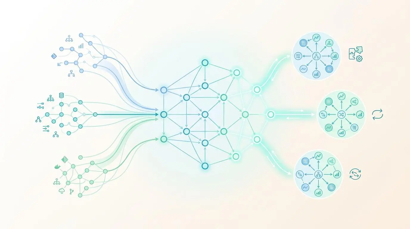 Abstract network showing data flow for real-time synchronization of cross-platform project milestones between Jira, Trello, and ClickUp.