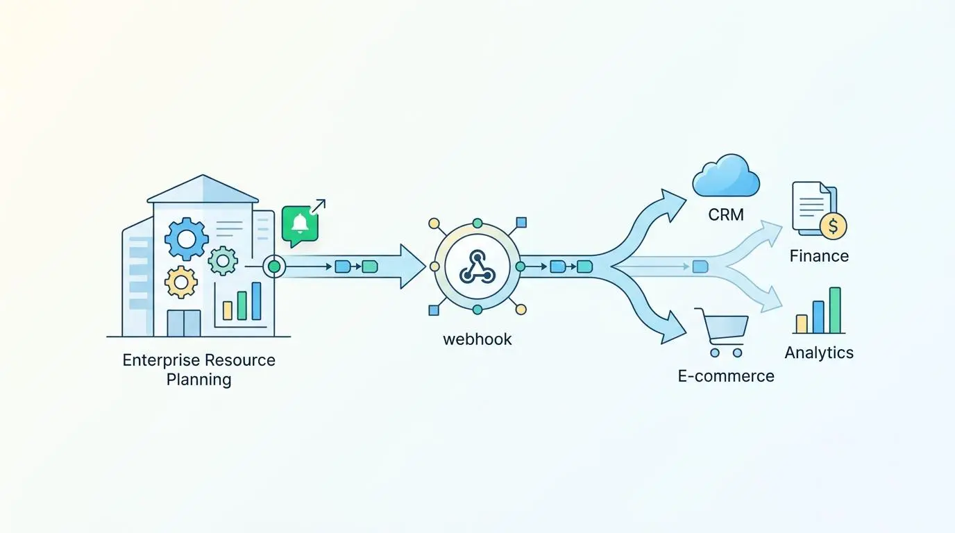 Flowchart shows real-time syncing of regional pricing adjustments from ERP to CRM, Finance, and E-commerce.