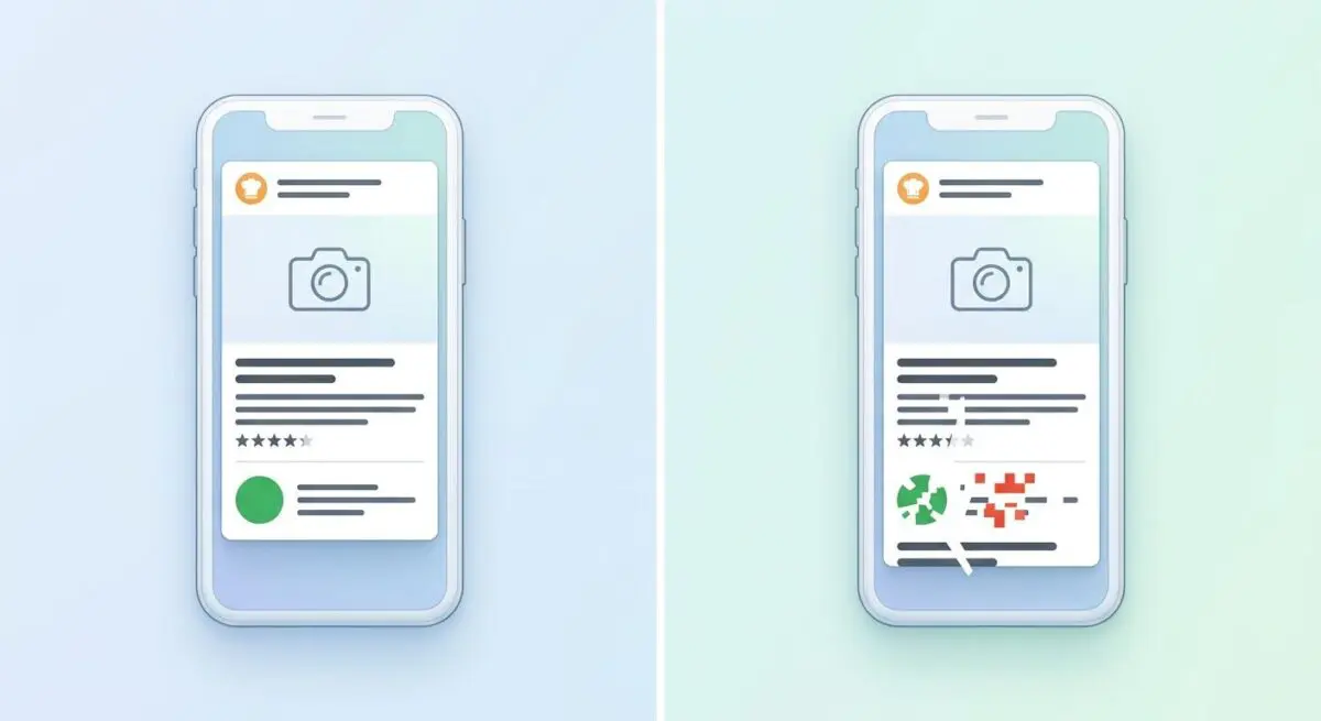 Mobile SERP comparison showing recipe schema missing 'recipeYield' leading to rich snippet degradation.