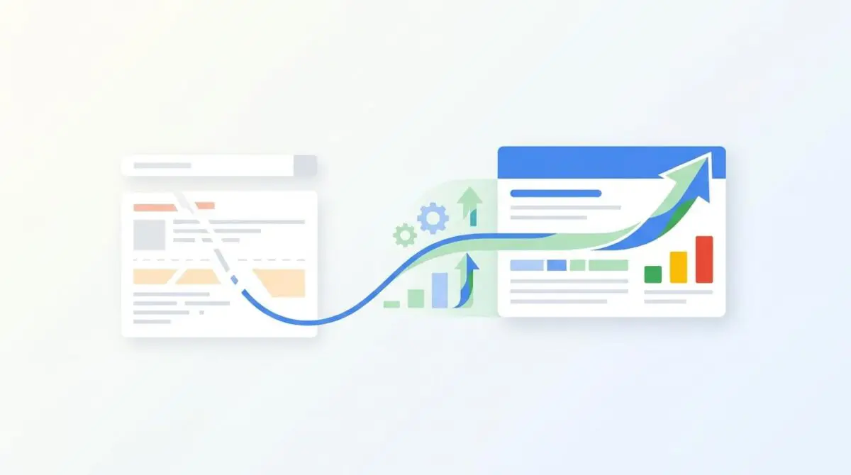 Illustration of a declining graph on a broken webpage being fixed by a rising graph. How to Recover from a Loss of Visibility in Google AI Overviews.