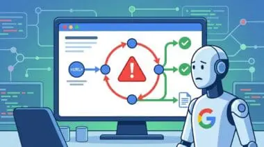 An illustration shows a confused Googlebot looking at a computer screen displaying an infinite redirect loop diagram with a warning symbol.