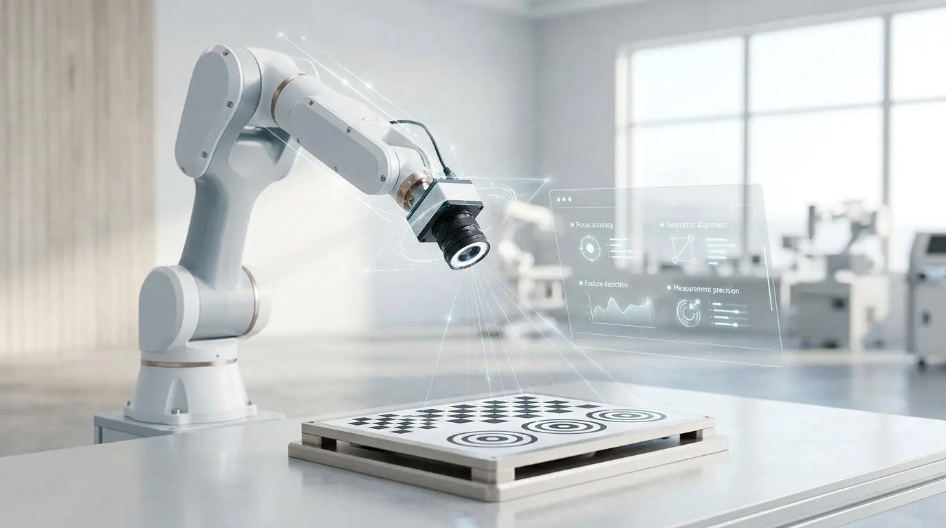 Robotic arm with camera calibrating a target for instant automated vision system adjustments.
