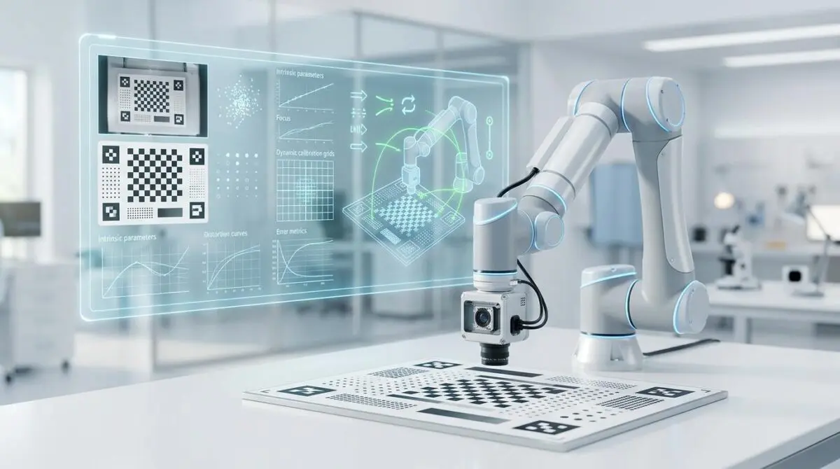 Robotic arm calibrating vision system with real-time data display for factory lighting.