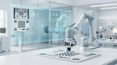 Robotic arm calibrating vision system with real-time data display for factory lighting.
