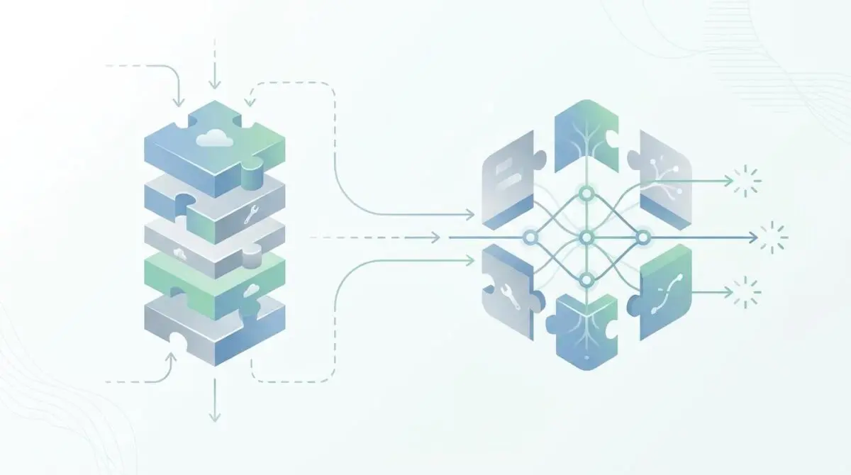 Puzzle pieces transition from stack to network, illustrating strategies for transitioning from SaaS to custom AI infrastructure.