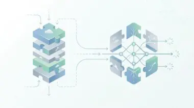 Puzzle pieces transition from stack to network, illustrating strategies for transitioning from SaaS to custom AI infrastructure.