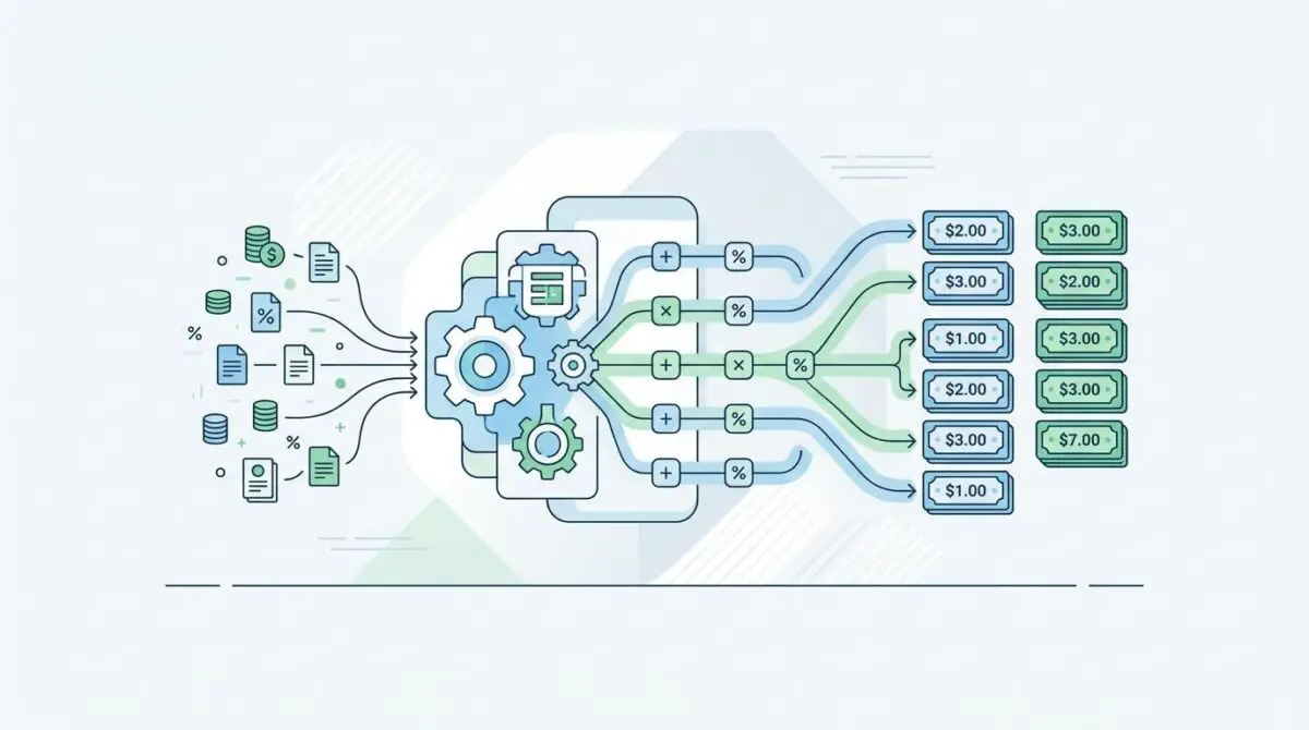 Diagram showing real-time automated calculation of complex sales commission structures from CRM data.