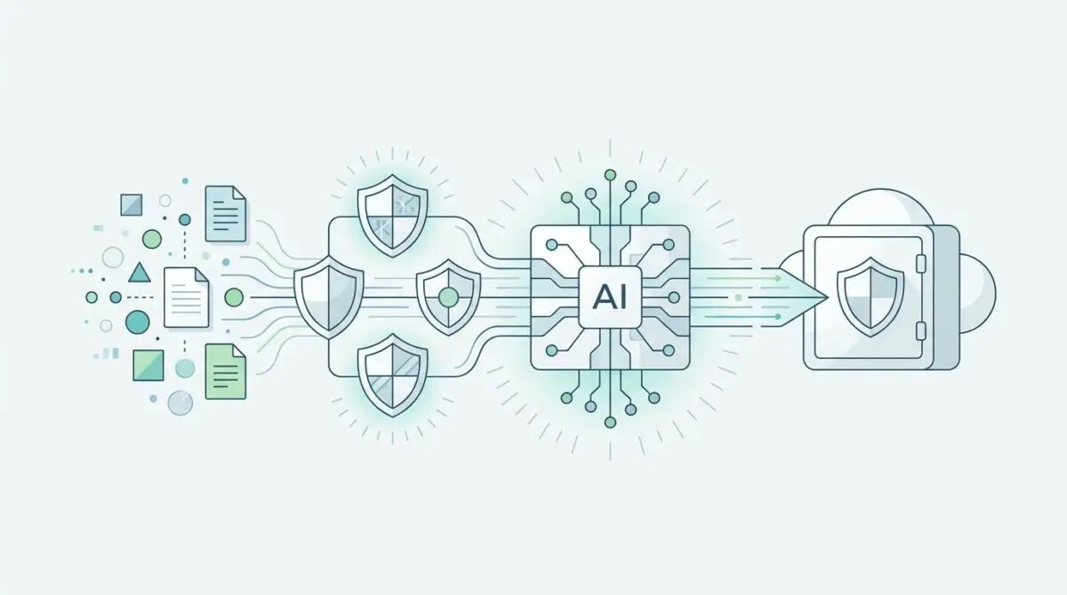 Conceptual graphic showing data flow through AI with shields representing best practices for securing sensitive corporate data.