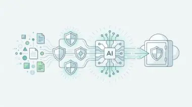 Conceptual graphic showing data flow through AI with shields representing best practices for securing sensitive corporate data.