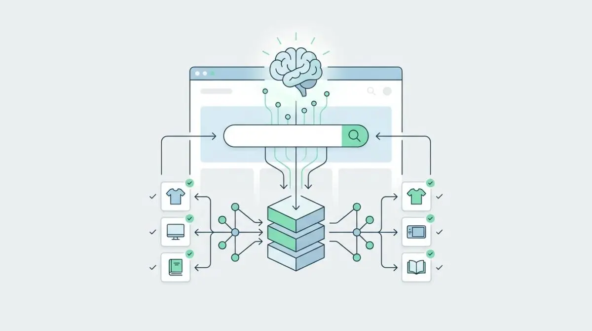 Brain icon over a search bar visualizing how to implement semantic search in e-commerce.