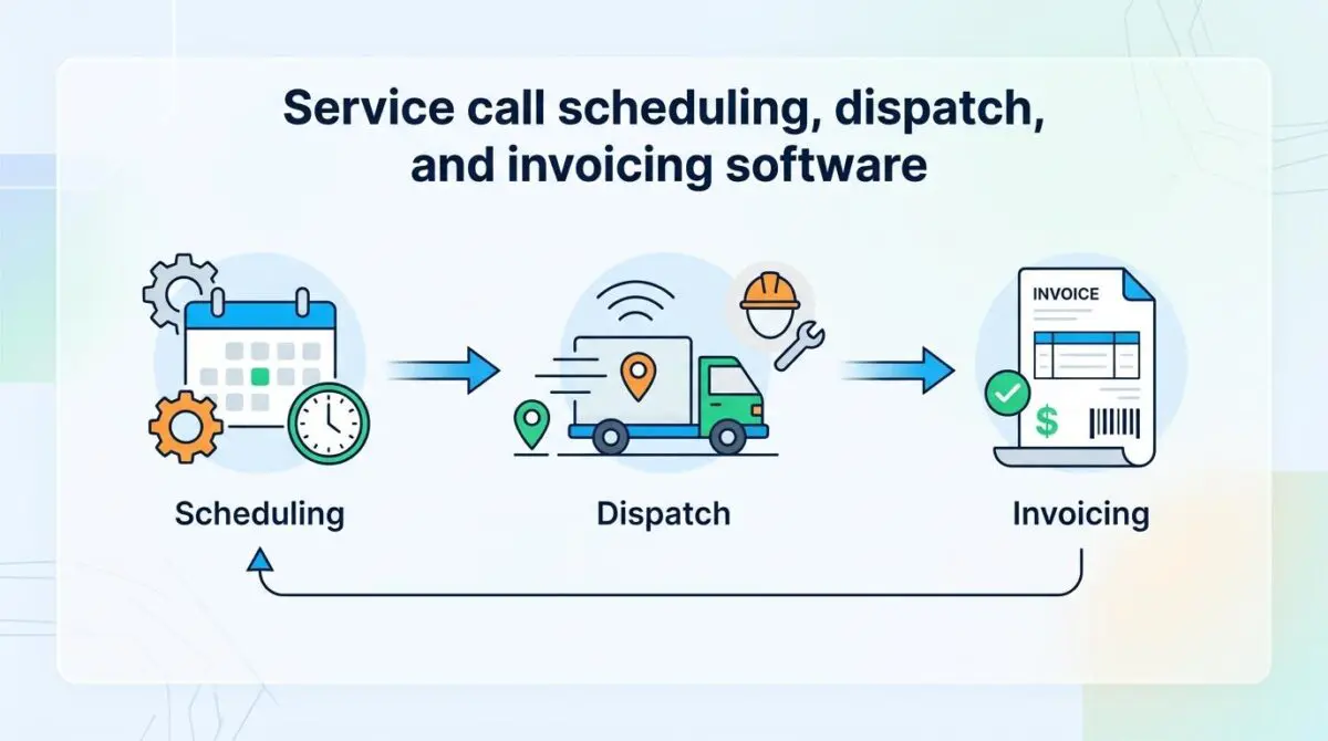 Diagram showing service call scheduling, dispatch, and invoicing process.