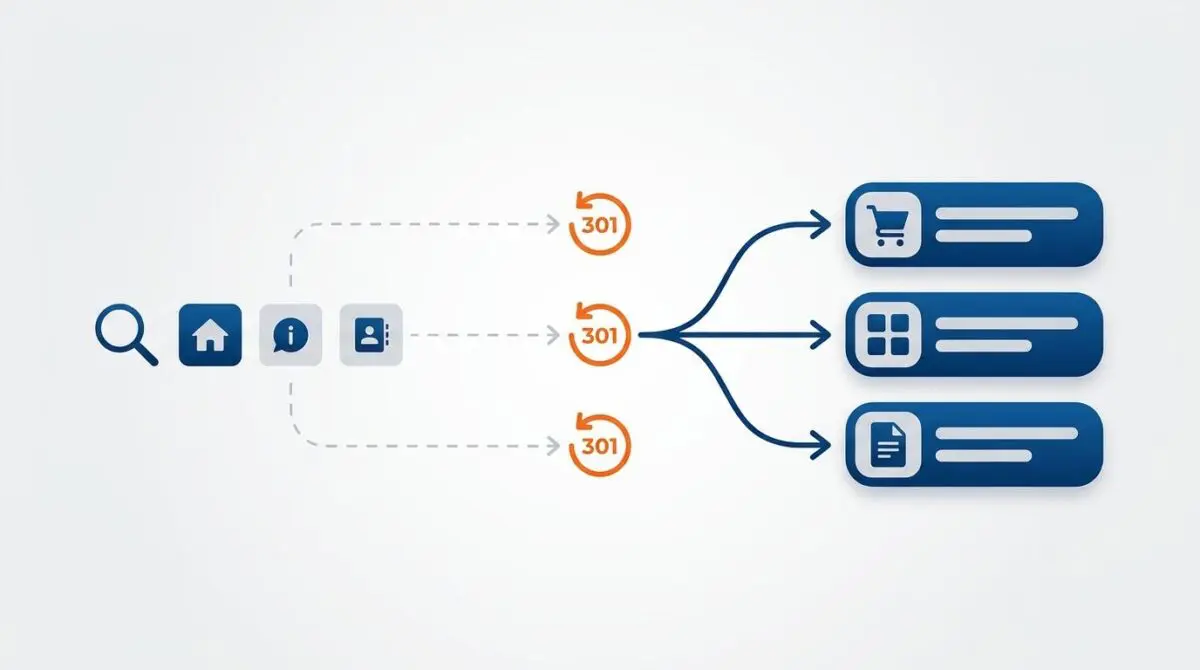 Diagram showing search icons redirecting via 301 to new destination URLs.