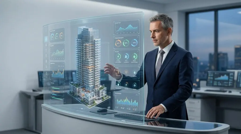 Professional businessman interacts with a holographic 3D building model and data analytics on a transparent screen.