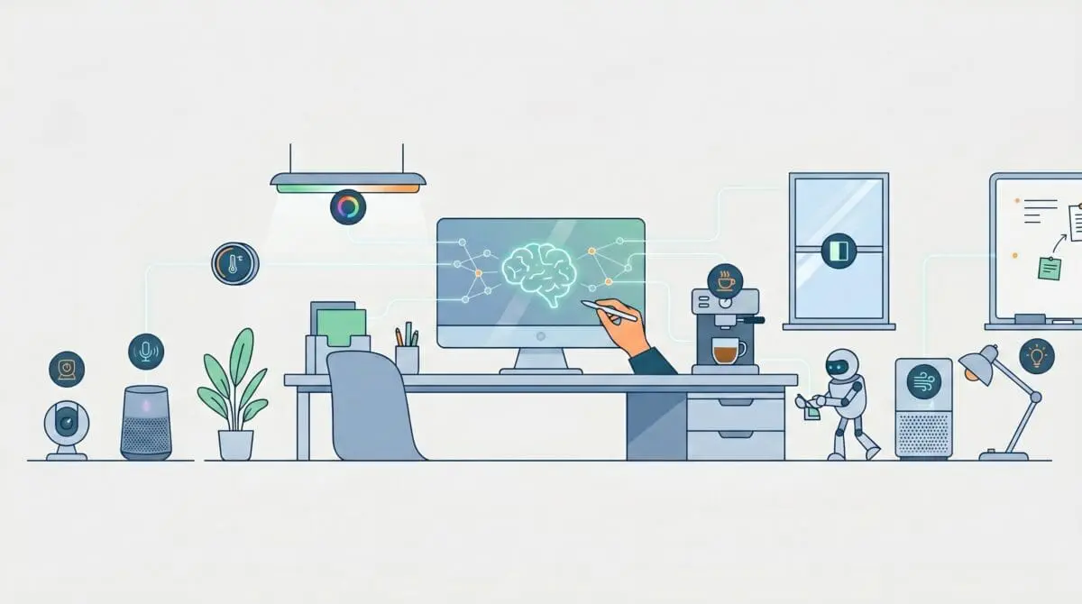 Modern smart office illustration featuring AI and IoT connected devices like sensors, cameras, and automated appliances.